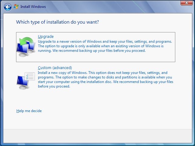 Página de actualización de Windows 7