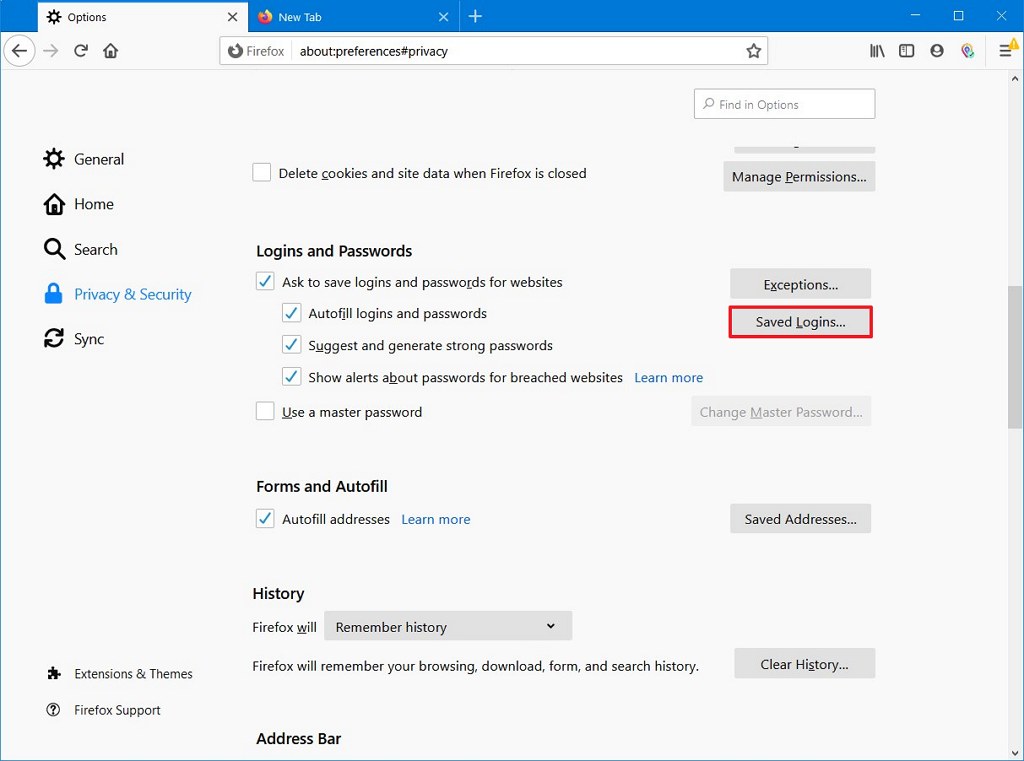 Privacidad y seguridad de Firefox con botón de inicio de sesión guardado