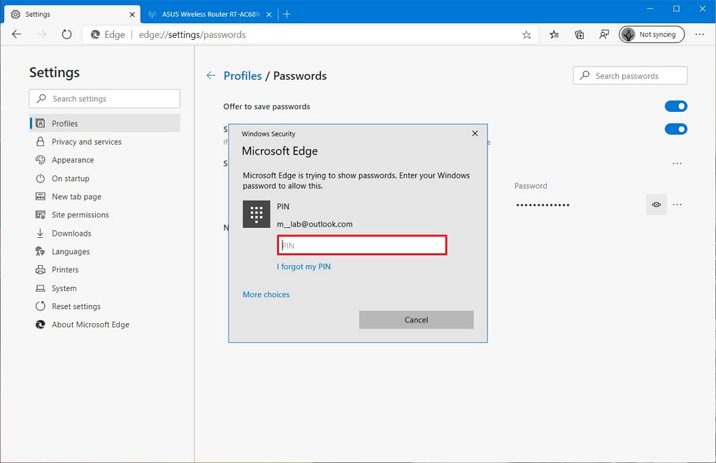 Windows 10 confirma la cuenta para mostrar la contraseña guardada