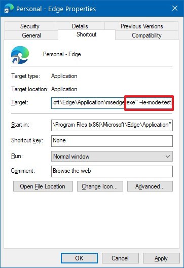 Acceso directo de Microsoft Edge con indicador de prueba del modo IE