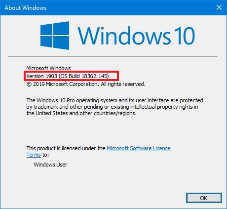 Comprobación de la versión del comando Winver de Windows 10