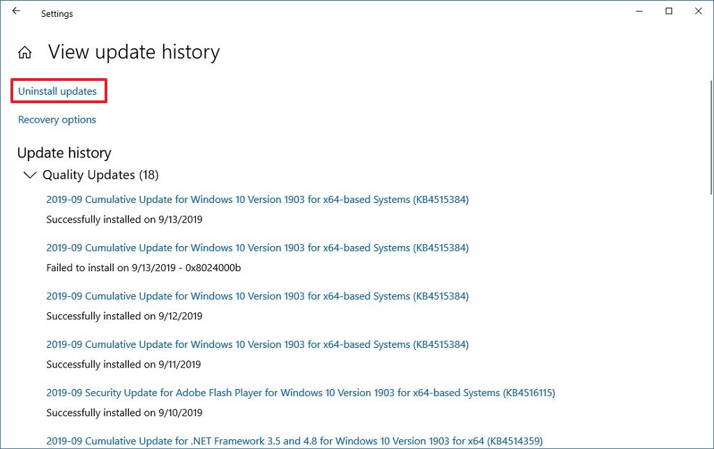 Opción de desinstalación de actualizaciones de Windows 10