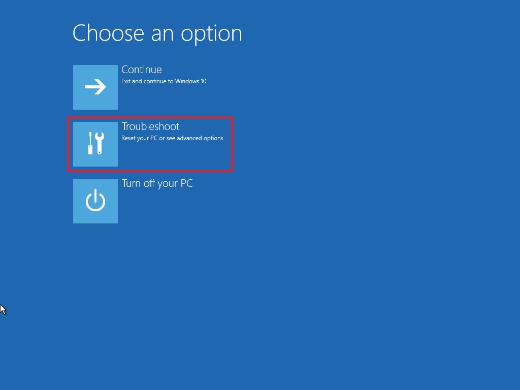Opción de solución de problemas del entorno de recuperación de Windows 10 