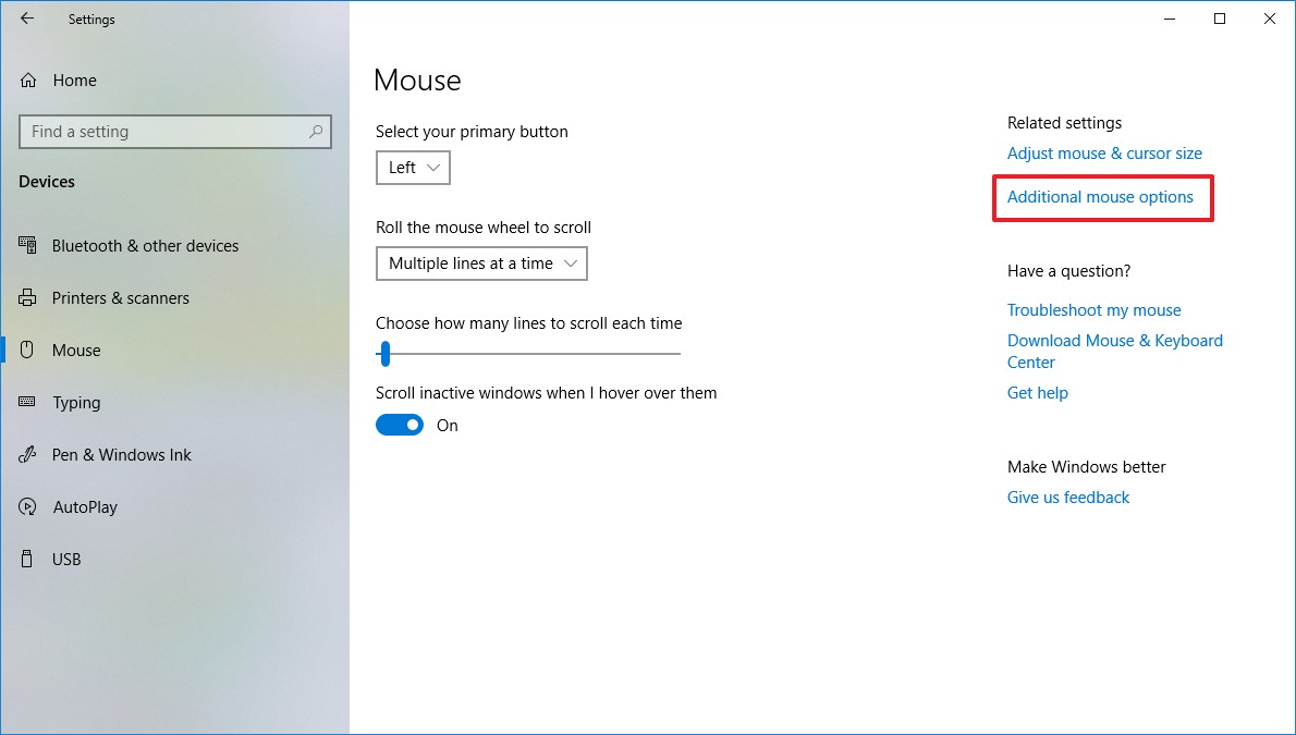 Configuración del mouse de Windows 10