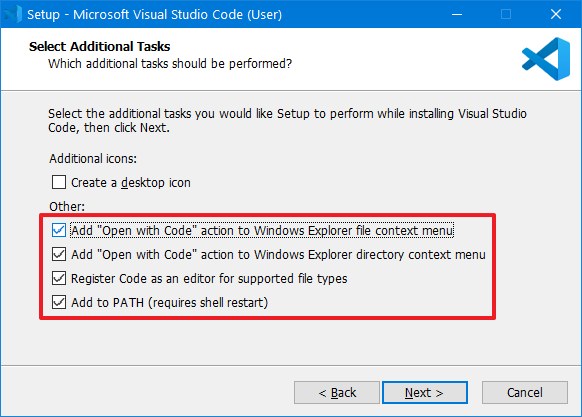 Opciones de instalación de Visual Studio Code
