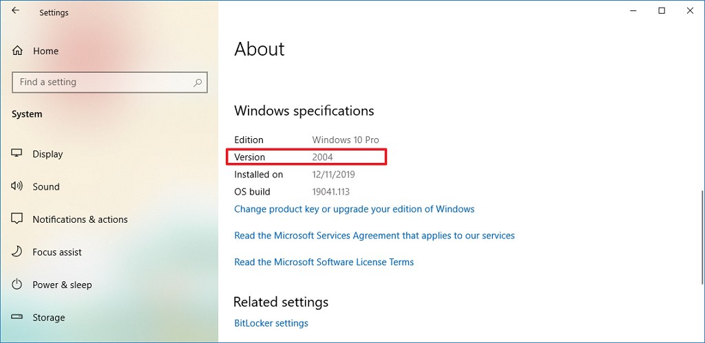Acerca de la configuración confirme Windows 10 versión 2004