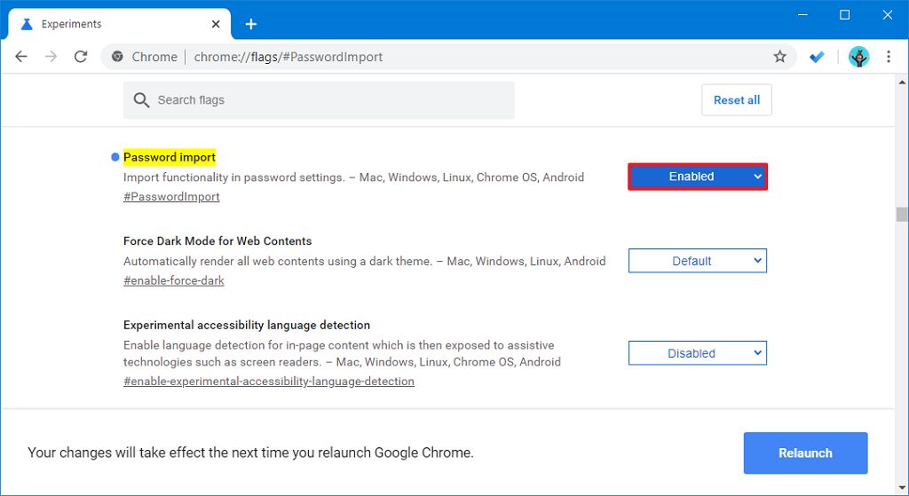 Opción de importación de contraseña de Google Chrome