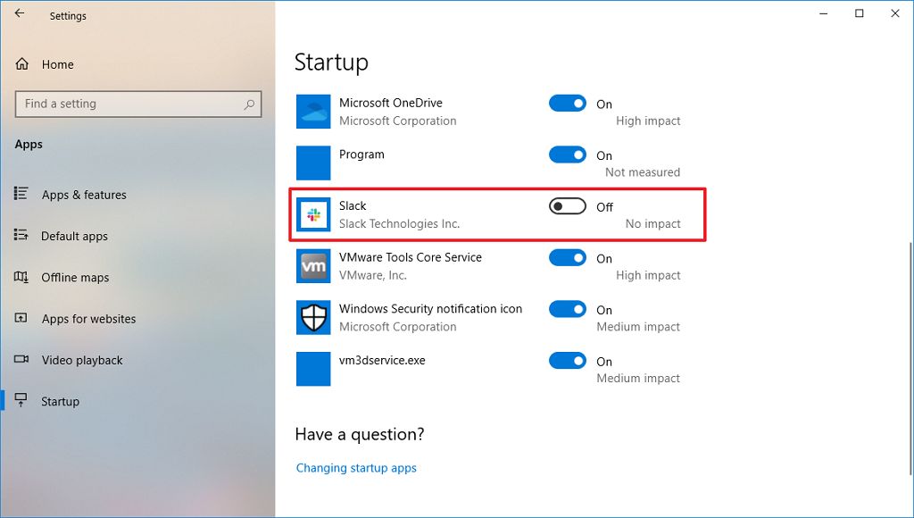 El inicio de Windows 10 desactiva Slack