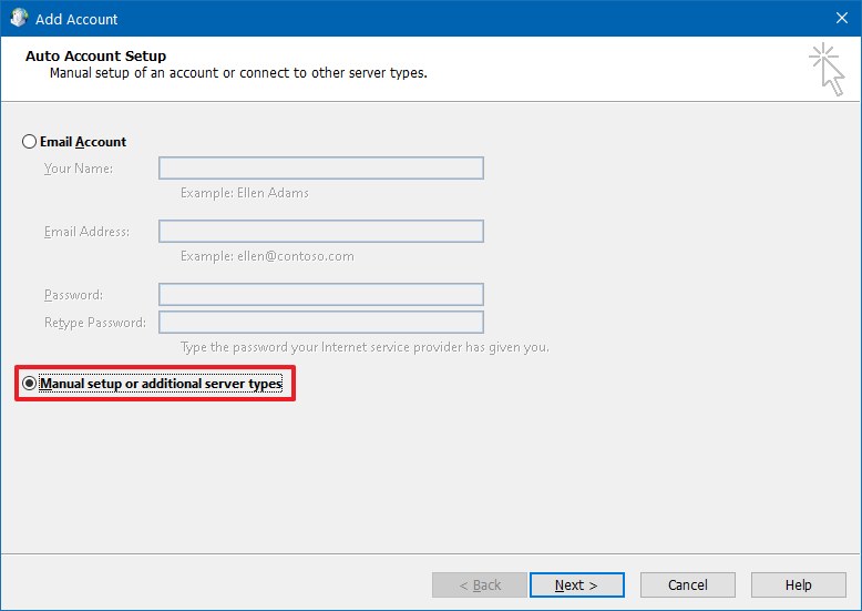 Opción para configurar manualmente la cuenta de Outlook