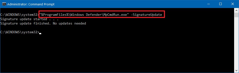 Definición de actualización de Microsoft Defender con símbolo del sistema