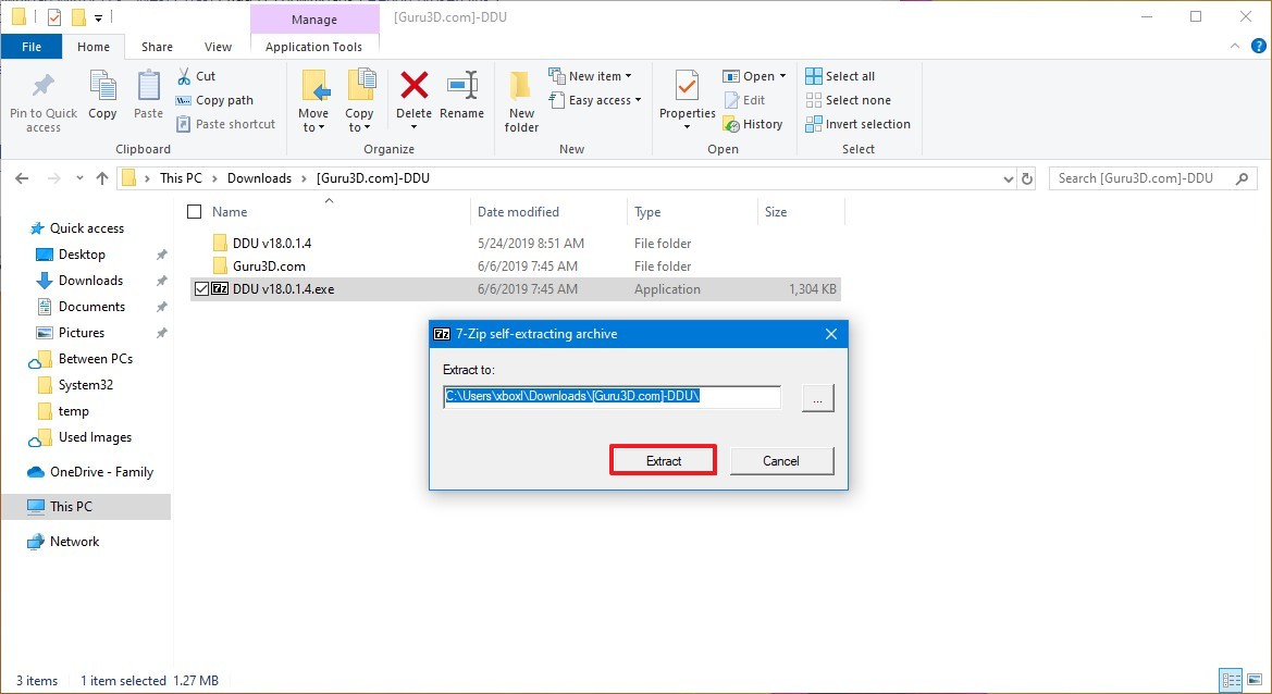 Extraiga los archivos del desinstalador del controlador de video en Windows 10