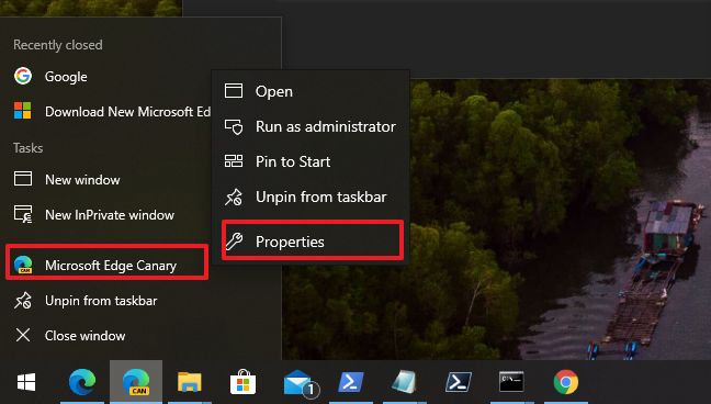 Opción de propiedades de Microsoft Edge