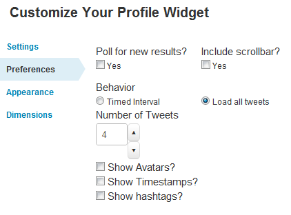 Preferencias del widget de Twitter