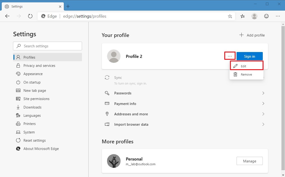 Configuración del perfil de Microsoft Edge