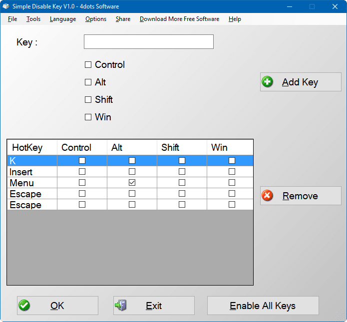 Deshabilite cualquier tecla en el teclado de Windows 10