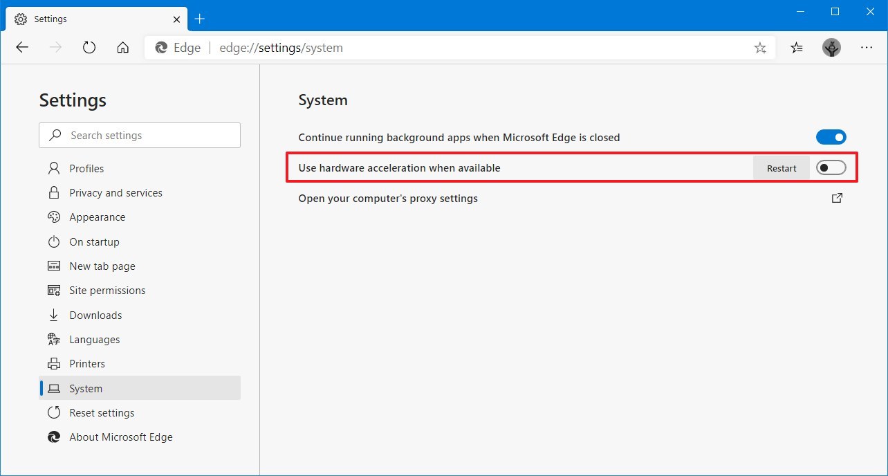 Microsoft Edge desactiva la opción de aceleración de hardware