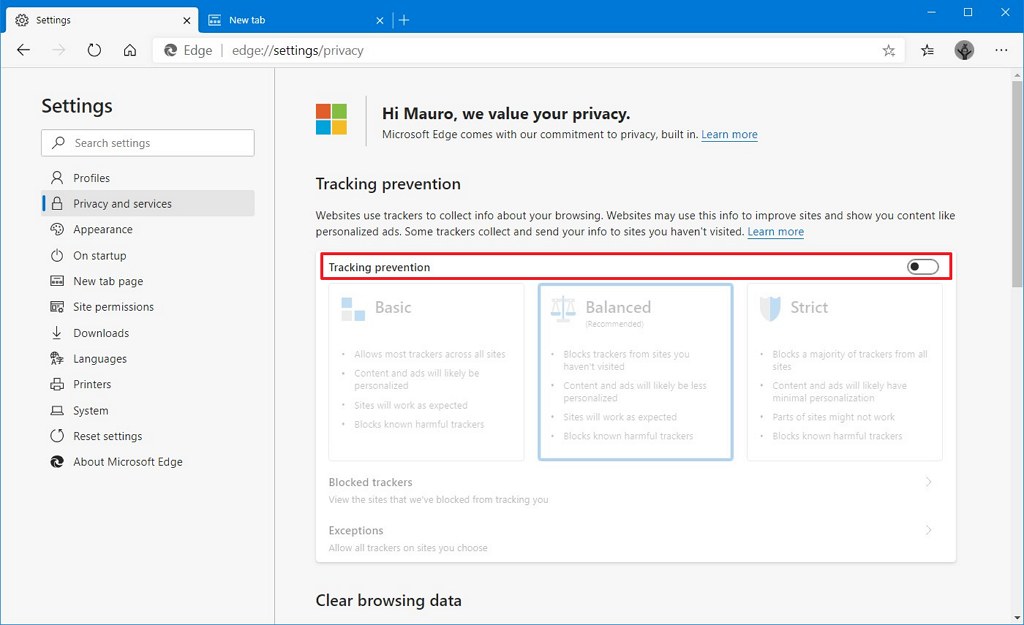 Microsoft Edge deshabilita la configuración de prevención de seguimiento