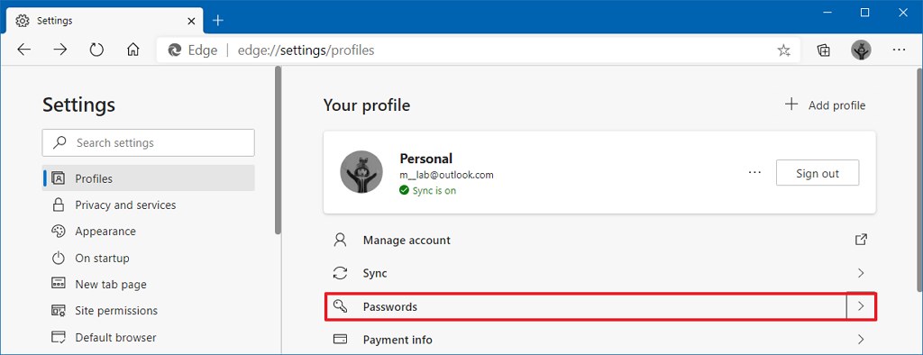Configuración de perfil de Microsoft Edge con opción de contraseña