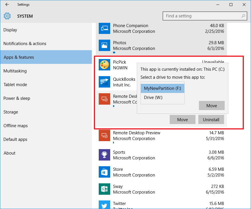 Mueva las aplicaciones ya instaladas en Windows 10 a otra unidad