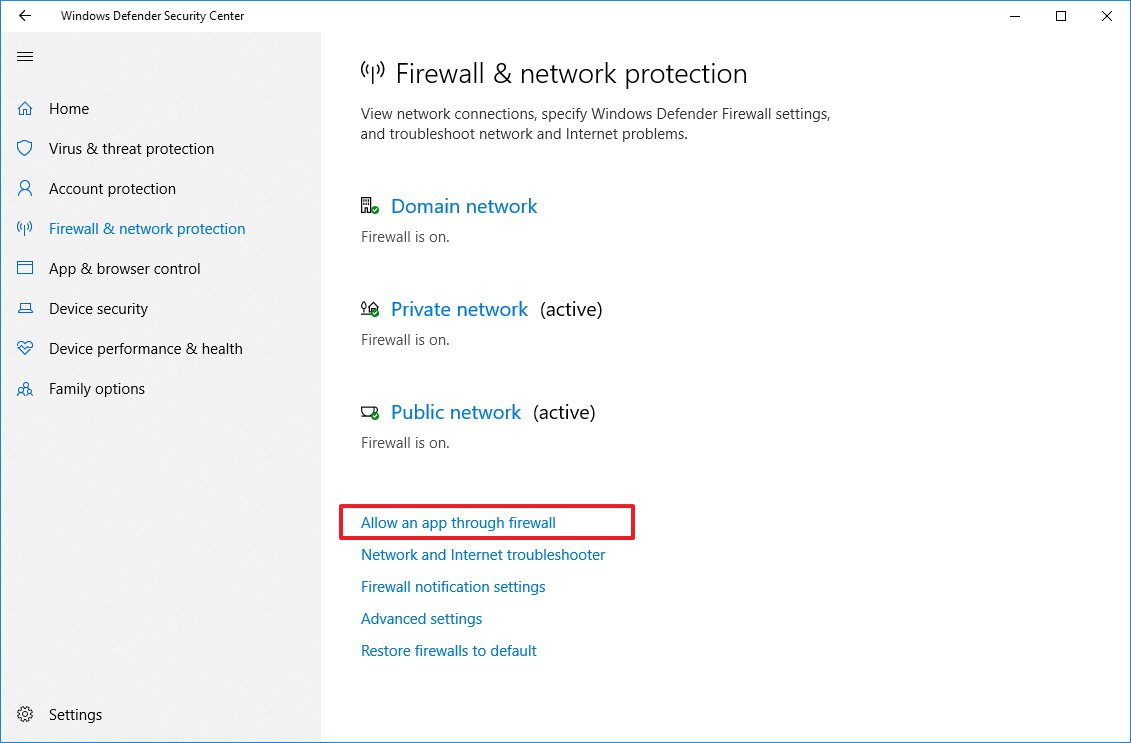 Configuración del firewall del Centro de seguridad de Windows Defender