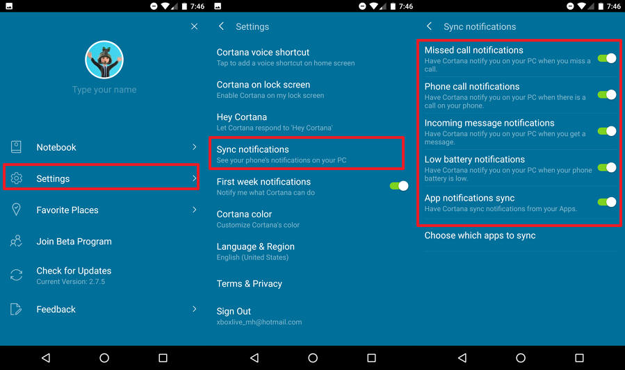 Configuración de notificaciones de Cortana Sync en Android
