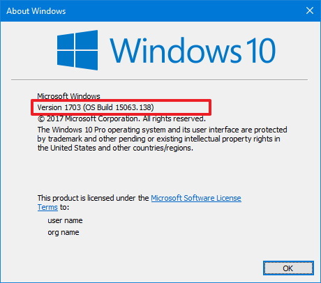 comando winver en la actualización del creador de Windows 10