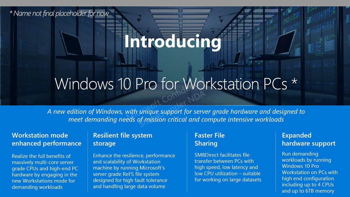 Windows 10 Pro para estaciones de trabajo (diapositiva filtrada)