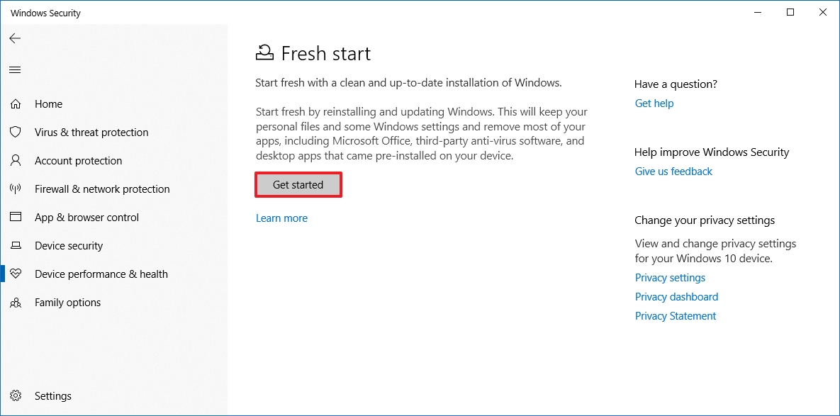 Comience con Fresh Start en Windows 10