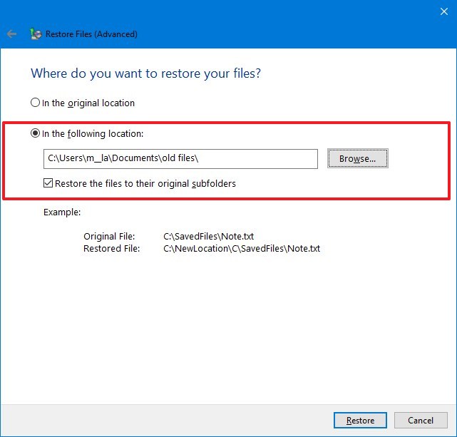 Seleccione la ubicación de restauración en Windows 10