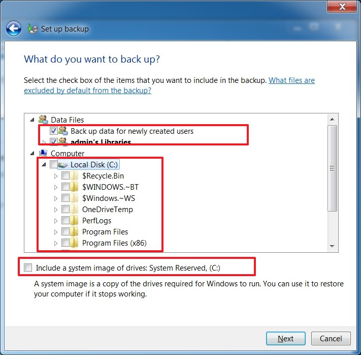 Seleccionar archivos para respaldar en Windows 7