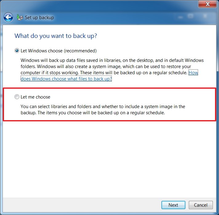Windows 7 elige elementos de copia de seguridad