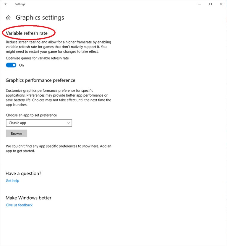 Configuración de la frecuencia de actualización variable en Windows 10