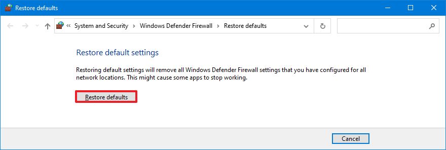 Botón de restablecimiento del firewall de Microsoft Defender