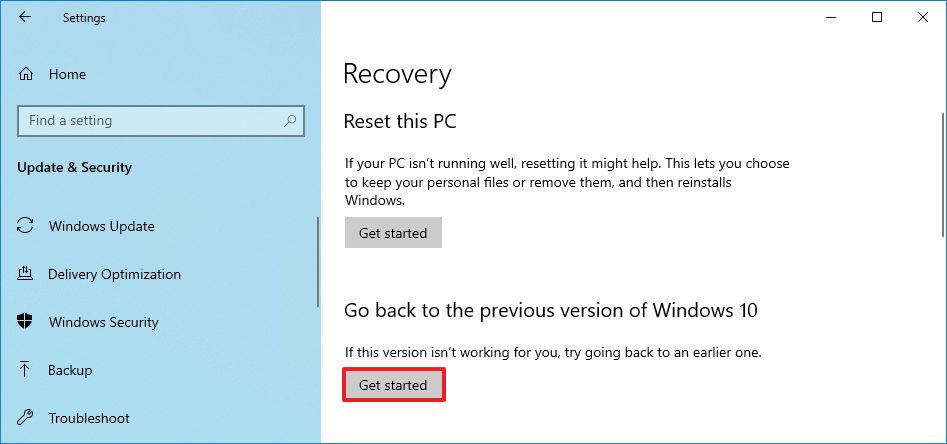 Opción de desinstalación de Windows 10 20H2