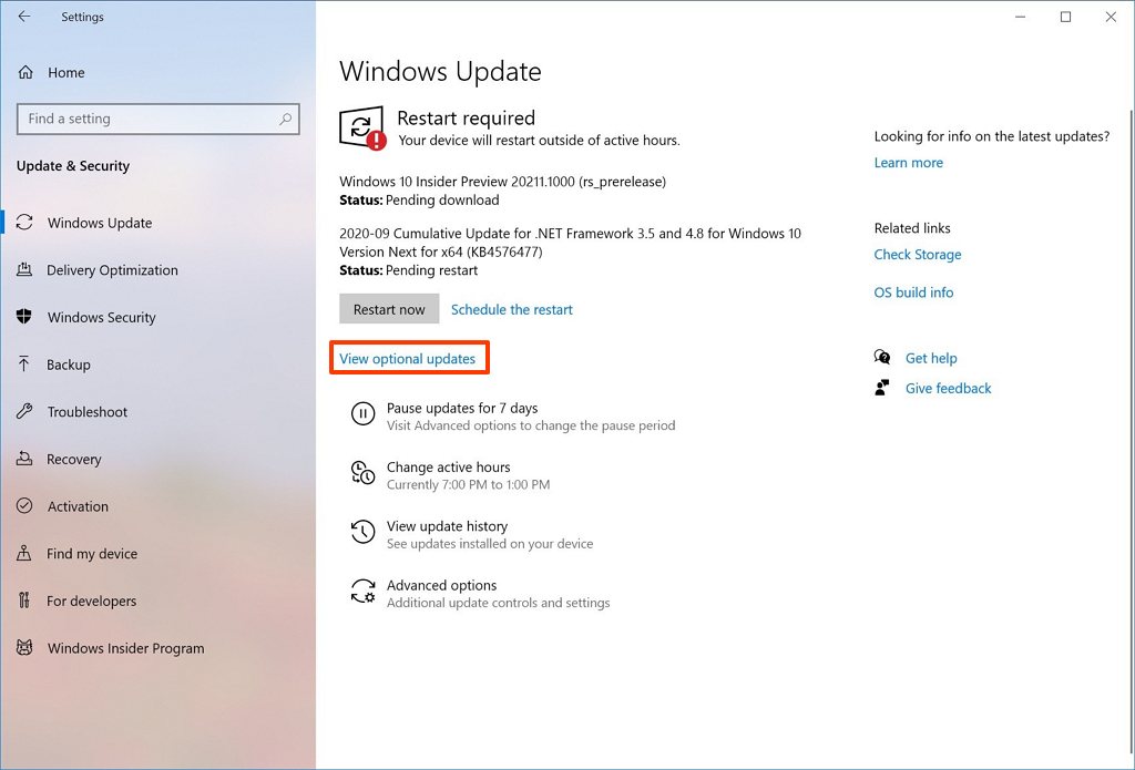 Opción de actualizaciones opcionales de Windows Update