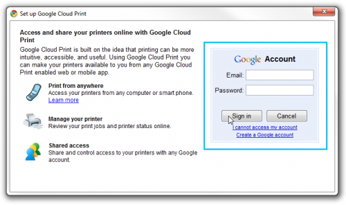 Pop-UP Signing in to Google Cloud Print with your Google Account