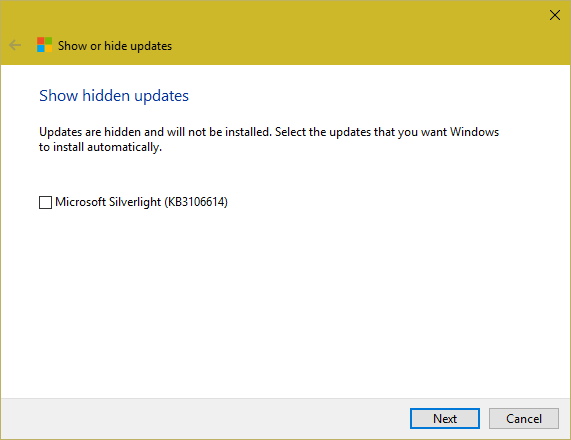Mostrar actualización oculta de Windows 10