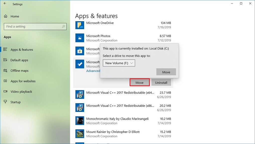 Mueva la aplicación instalada a una nueva unidad en Windows 10