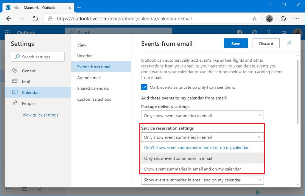    Eventos de correo electrÃ³nico en la configuraciÃ³n de Outlook