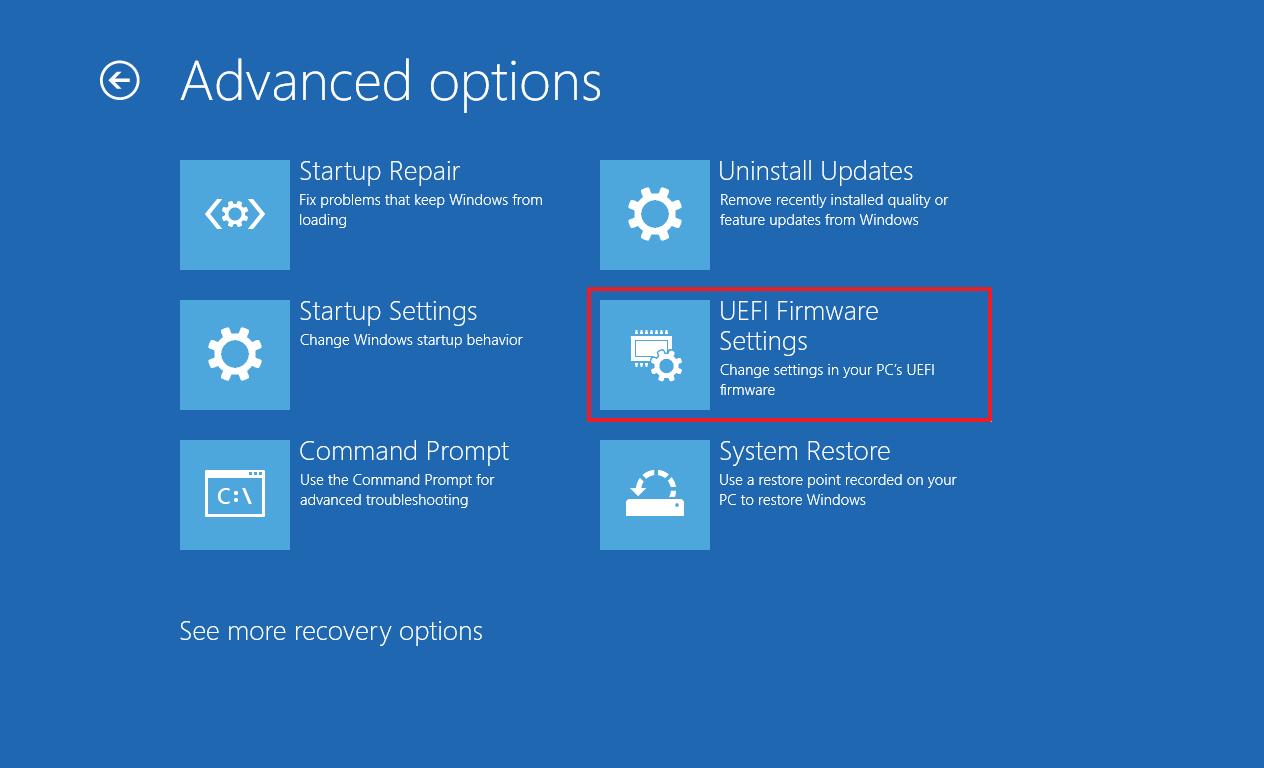 Opción UEFI en la configuración de arranque avanzada de Windows 10