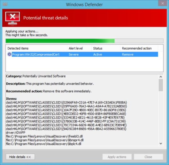 Windows Defender detecta Superfish en una computadora Lenovo