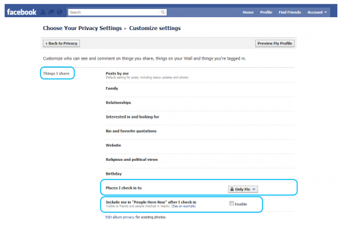 Facebook Customize Settings page