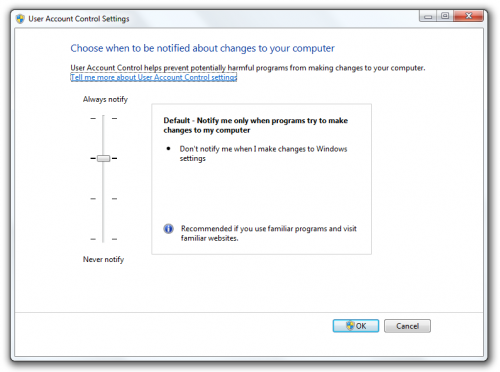 Configuración de control de cuentas de usuario en Windows 7
