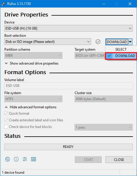 Opción de descarga de Rufus Windows 10 ISO