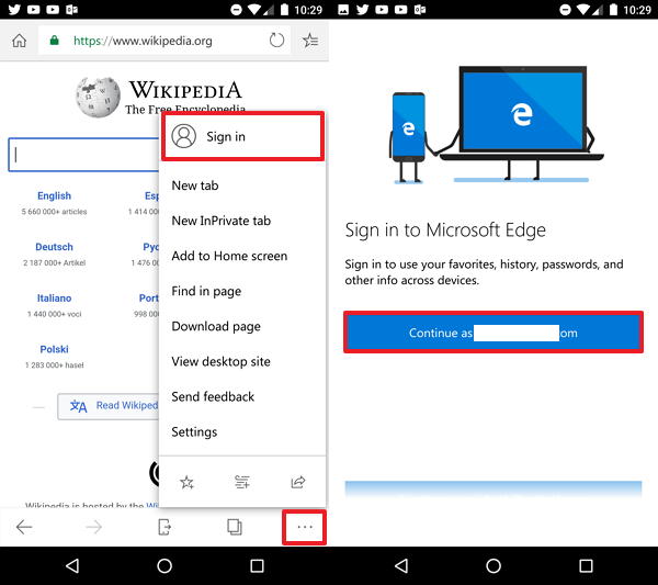 Configuración de la cuenta de Microsoft Edge en Android