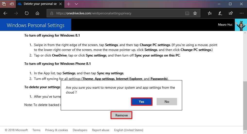 Eliminar la configuración sincronizada de Windows 10 de su cuenta de Microsoft