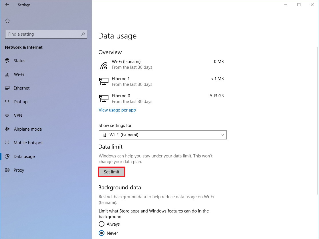 Configuración de uso de datos de Windows 10