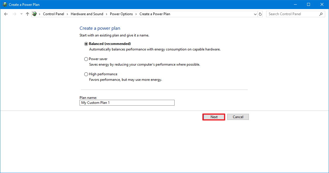 Configuración del nuevo plan de energía de Windows 10