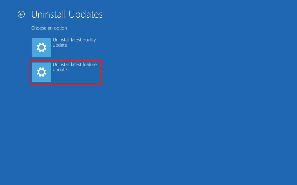 Inicio avanzado, desinstalación de la última actualización de funciones en Windows 10