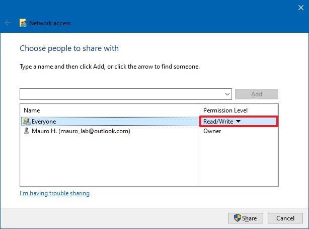 Establecer permisos de carpeta compartida en Windows 10